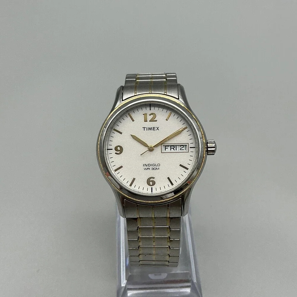 Timex Indiglo WR 30M Mens Watch 35mm White Dial Two Tone Bracelet New Battery